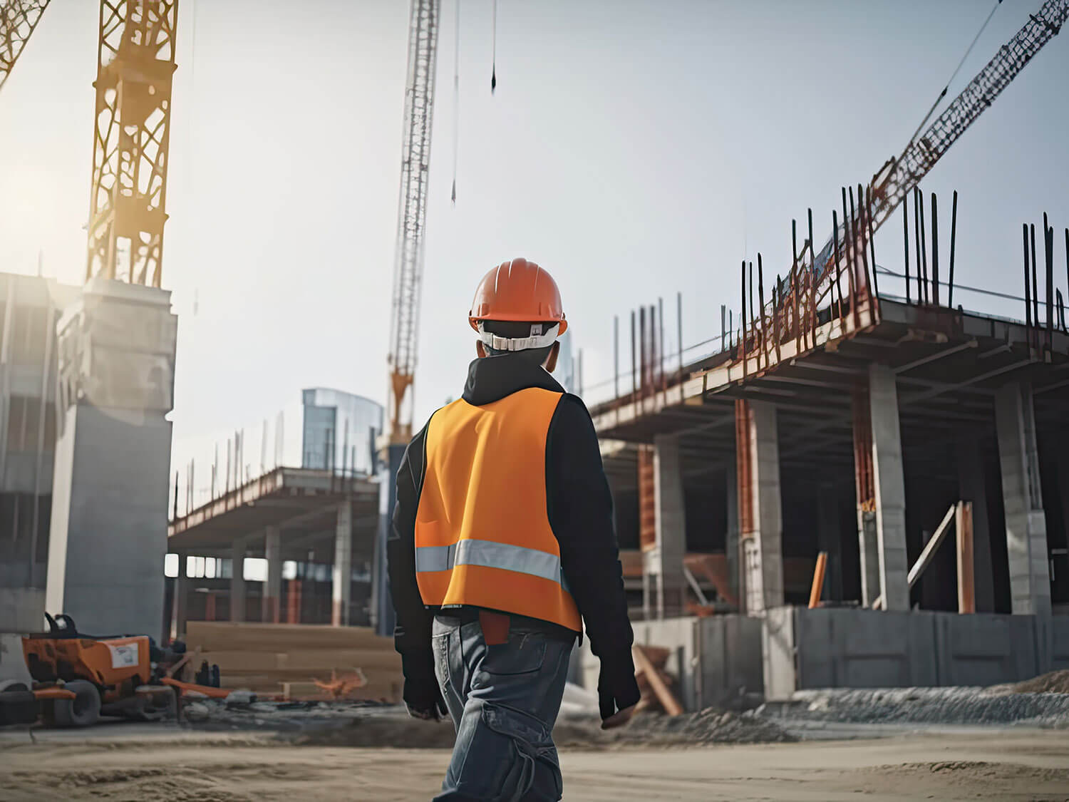 Man with a hard hat and construction vest walking on the construction site to review the quality work being made with the construction material